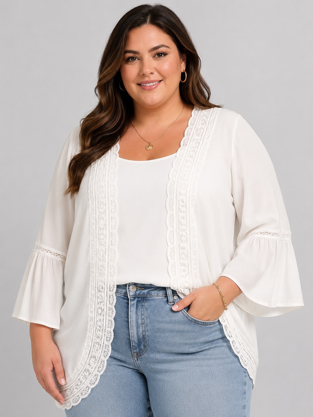 White Lace Trim Bell Sleeve Boho Peasant Kimono Cardigan XXL